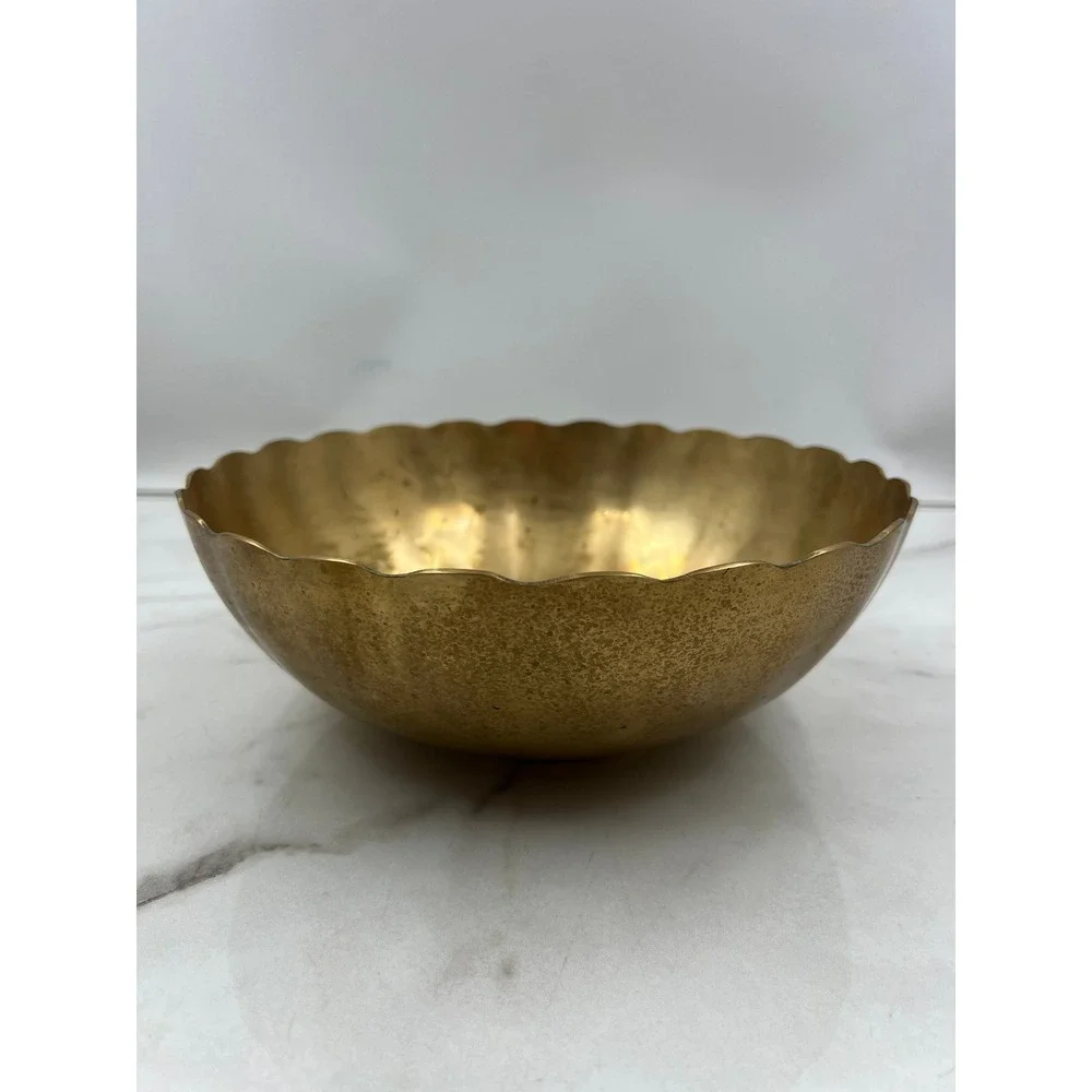 Vintage Scalloped Brass Bowl Made in Korea Hammered Gold Centerpiece 9.75 inch